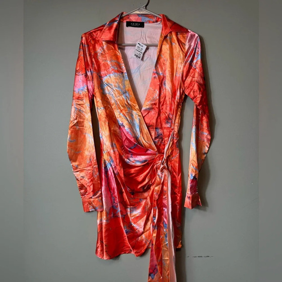 AKIRA Womens Fall For Me Wrap Mini Dress In Orange Size Small NWT - Picture 1 of 8